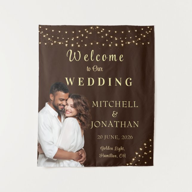 Elegant Brown & Gold String Lights Wedding  Tapestry (Front)