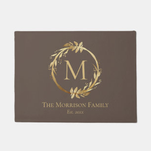Elegant Brown & Gold Wreath Family Name Monogram Doormat