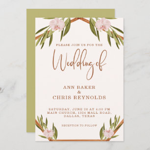 Elegant Brown Green Pink Boho Wedding Invitation