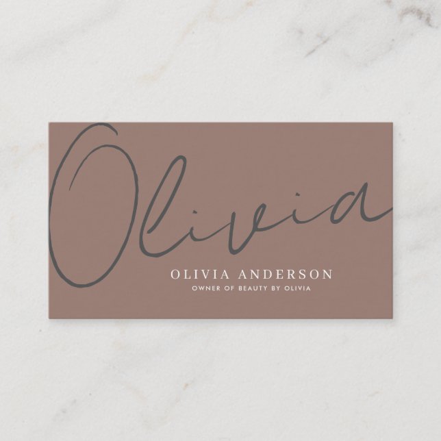 Elegant Brown Grey Handwritten Script Name QR Code Business Card (Front)
