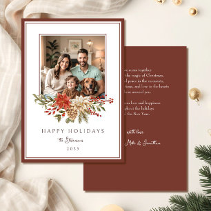 Elegant Brown Happy Holidays Poinsettia Photo Holiday Card