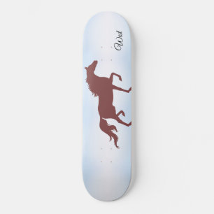 Elegant brown horse silhouette on sky blue skateboard
