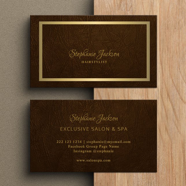 Elegant brown leather gold frame professional business card (Creator Uploaded)