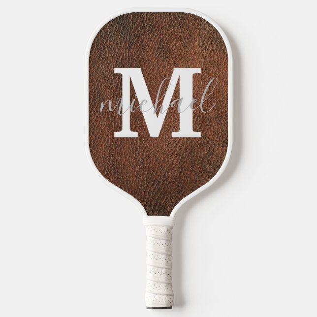 elegant brown leather monogram personalised  pickleball paddle (Front)