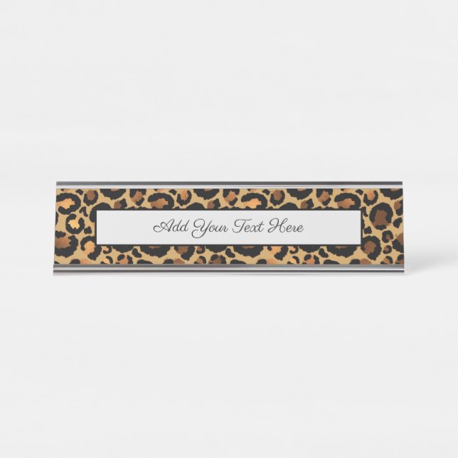 Elegant Brown Leopard Spots Wild Animal Glam Desk Name Plate (Front)