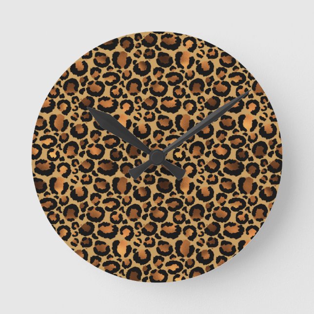 Elegant Brown Leopard Spots Wild Animal Glam Round Clock (Front)