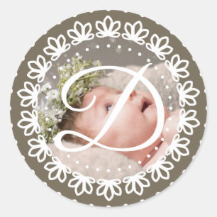 Elegant brown monogram photo birthday party classic round sticker