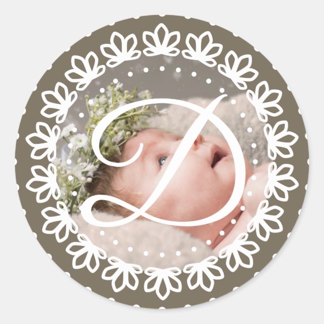 Elegant brown monogram photo birthday party classic round sticker (Front)