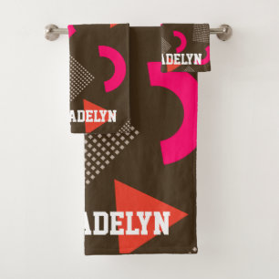 Elegant Brown Orange Geometric Personalized Name  Bath Towel Set