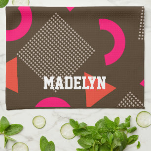 Elegant Brown Orange Geometric Personalized Name  Tea Towel