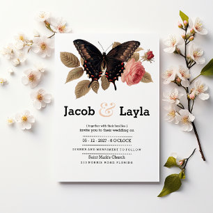 Elegant brown pink butterfly floral wedding invitation