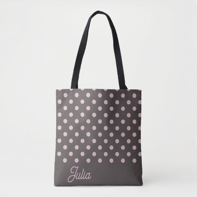 Elegant Brown Pink Polka Pattern Personalised Tote Bag (Front)