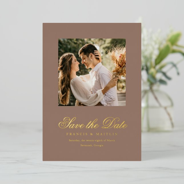 Elegant Brown Romantic Photo Wedding Save the Date (Standing Front)