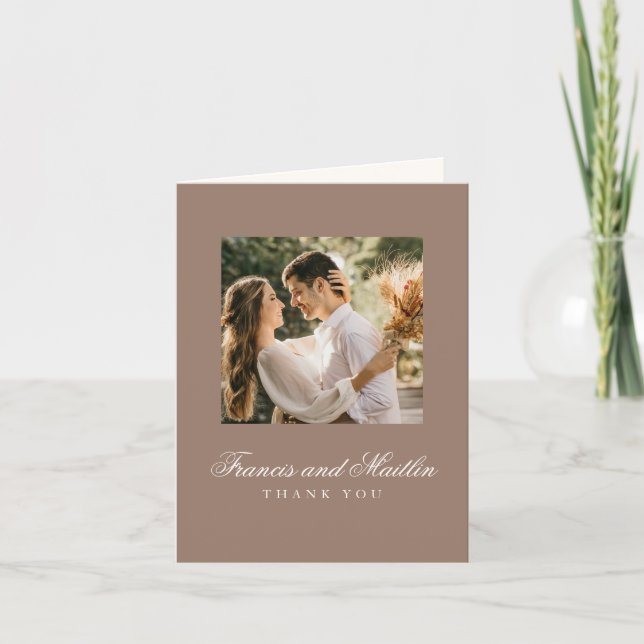 Elegant Brown Romantic Photo Wedding Thank You Card (Front)