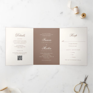 Elegant Brown Romantic QR Code Wedding Tri-Fold Invitation