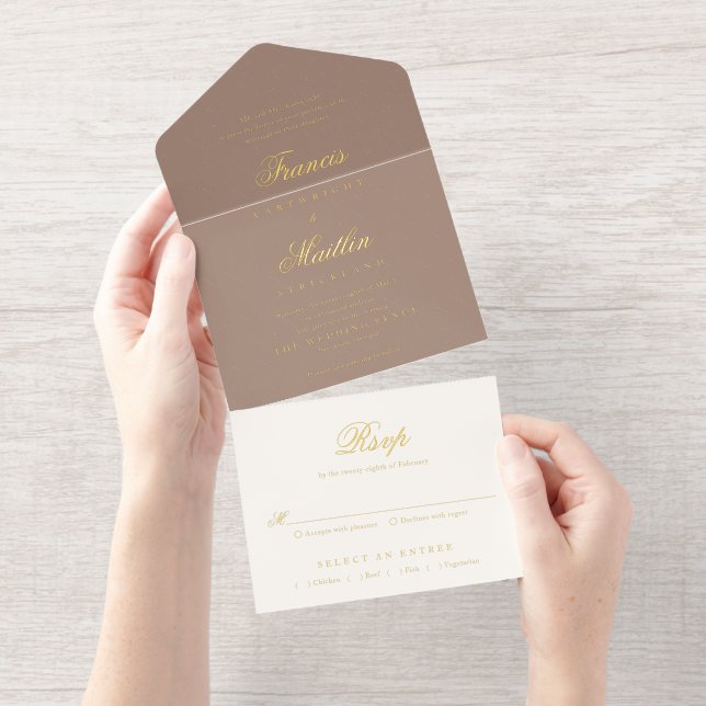 Elegant Brown Romantic Wedding All In One Invitation (Tearaway)