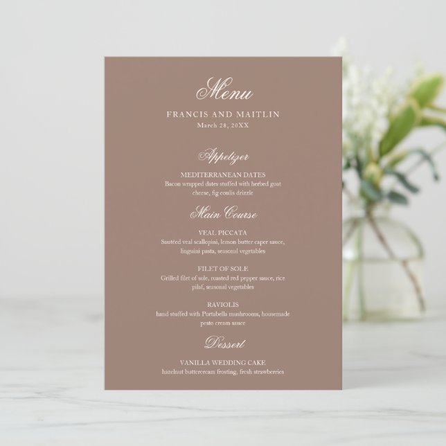 Elegant Brown Romantic Wedding Menu (Standing Front)