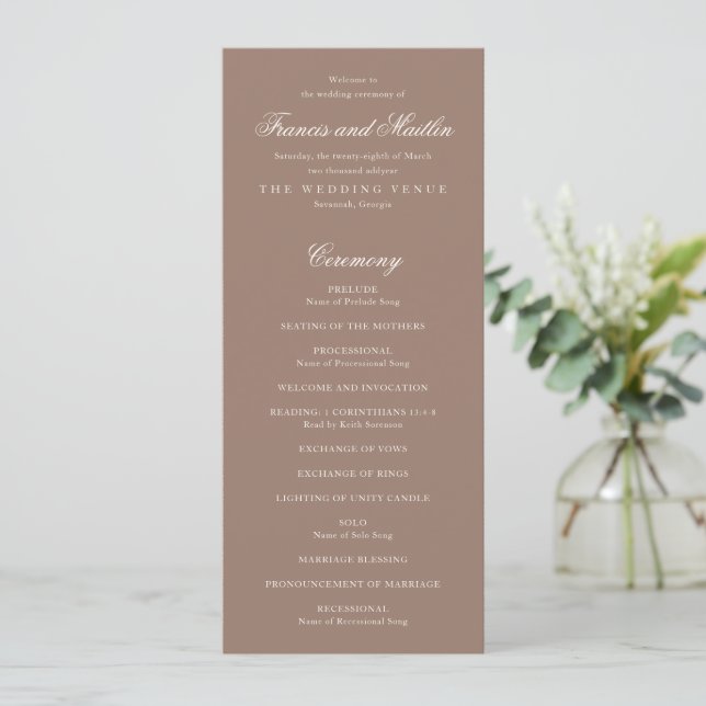 Elegant Brown Romantic Wedding Programme (Standing Front)