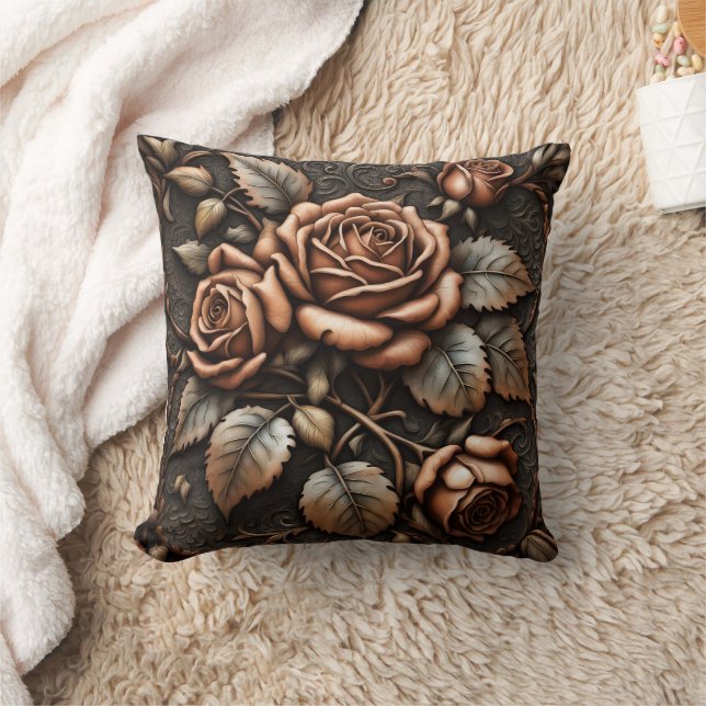 Elegant Brown Rose Relief Against Dark Background Cushion (Blanket)