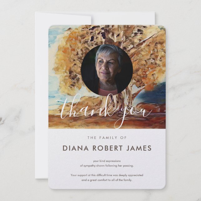 Elegant Brown Rustic Autumn Trees Photo Sympathy Thank You Card (Front)