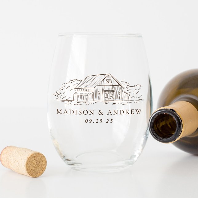 Elegant Brown Rustic Barn Personalised Wedding Stemless Wine Glass (Creator Uploaded)