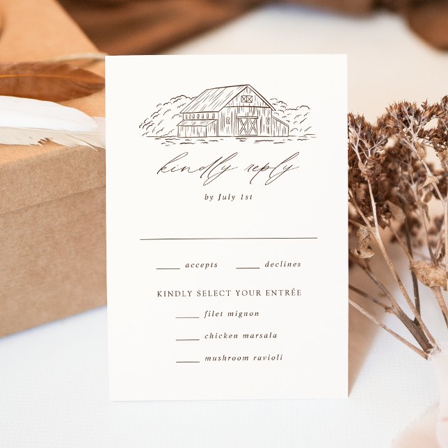 Elegant Brown Rustic Barn Wedding Meal Choice RSVP Card (Creator Uploaded)
