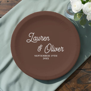 Elegant Brown Script Minimalist Wedding Paper Plate