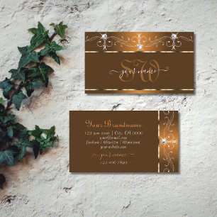 Elegant Brown Squiggles Sparkle Diamonds Initials Business Card