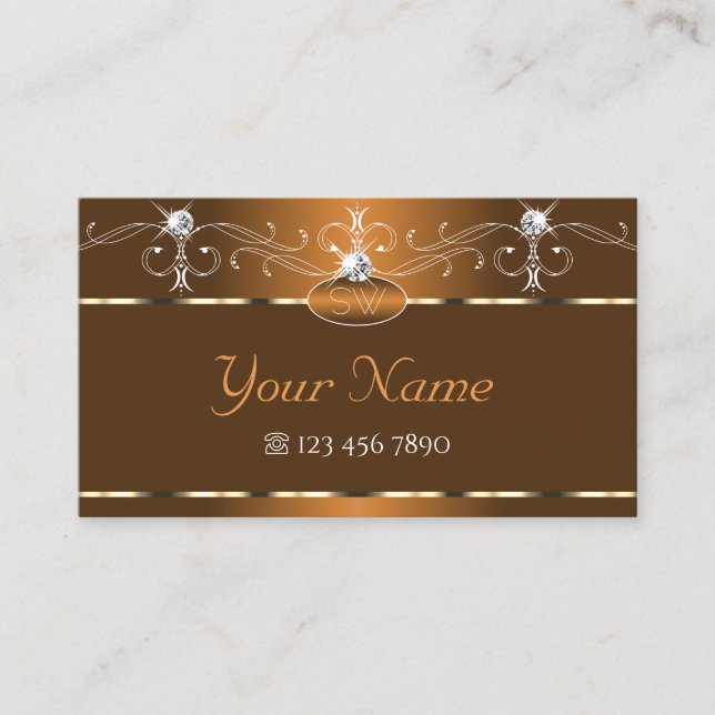 Elegant Brown Squiggles Sparkle Diamonds Monogram Business Card (Front)