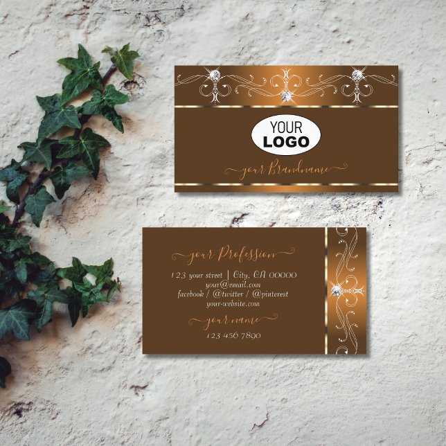 Elegant Brown Squiggles Sparkle Diamonds with Logo Business Card (Creator Uploaded)