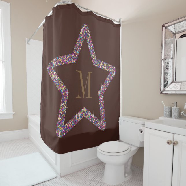 Elegant brown star glitter monogram  shower curtain (In Situ)