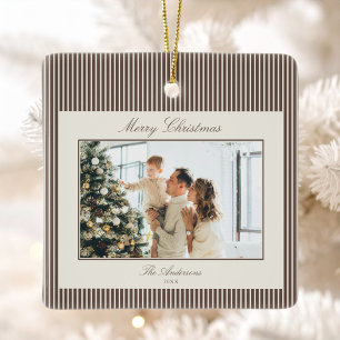 Elegant Brown Stripes Christmas Photo Ceramic Ornament