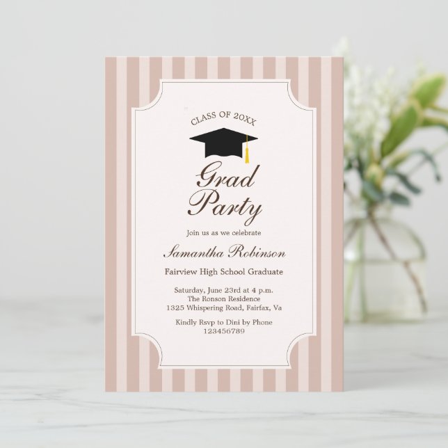 Elegant brown Stripes Graduation Party Invitation (Standing Front)