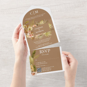 Elegant Brown Sugar Monogram QR Code Arch Wedding All In One Invitation