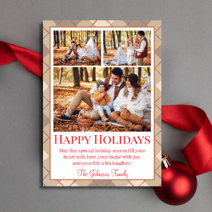 elegant brown tartan 3 family photos collage happy holiday card