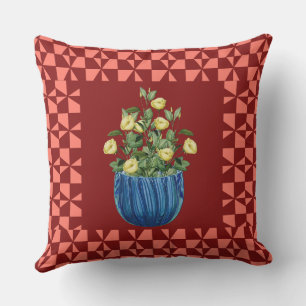 Elegant Brown Throw Pillow with Blue Floral Vase.