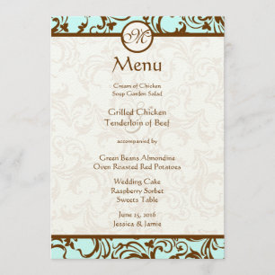 Elegant Brown Vintage Damask on Light Aqua Blue Menu