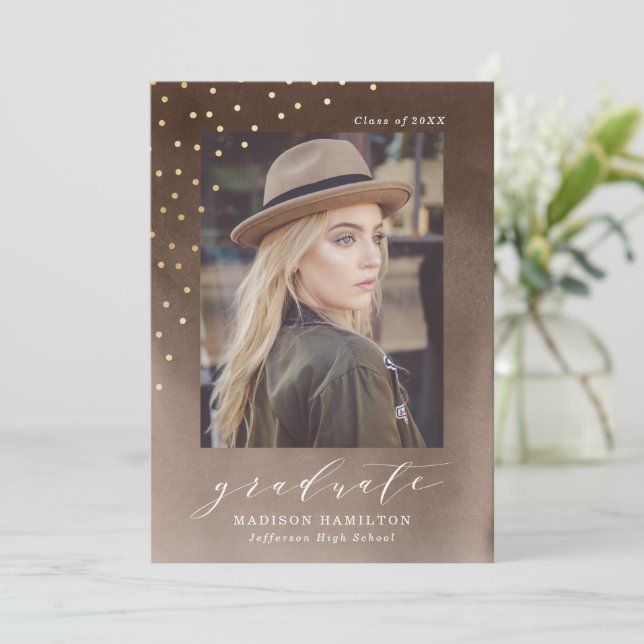 Elegant Brown Watercolor Photo Graduation Party Invitation (Standing Front)