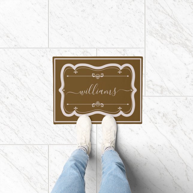 Elegant Brown White Custom Decorated Script Name Doormat (Indoor)