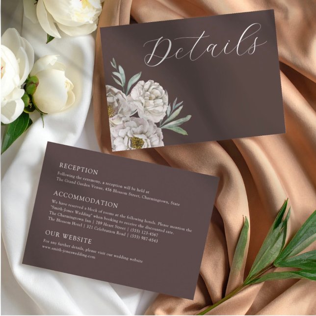 Elegant Brown & White Floral Wedding Details Enclosure Card (Creator Uploaded)