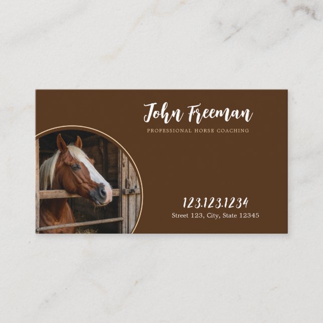 Elegant Brown & White Horse Photo Farm Stables Business Card (Front)