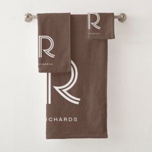 Elegant brown white monogram name bath towel set