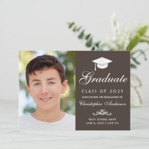 Elegant Brown White Script Photo Graduation Announcement