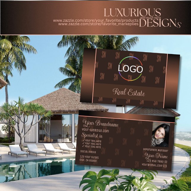 Elegant Brown with Logo Photo and Monogram Pattern Business Card (Creator Uploaded)