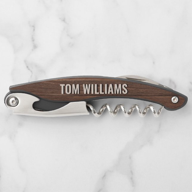 Elegant Brown Wood Texture Modern Style Monogram Corkscrew (Front)