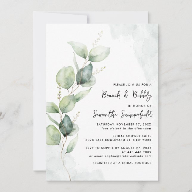 Elegant Brunch and Bubbly Bridal Shower Eucalyptus Invitation (Front)