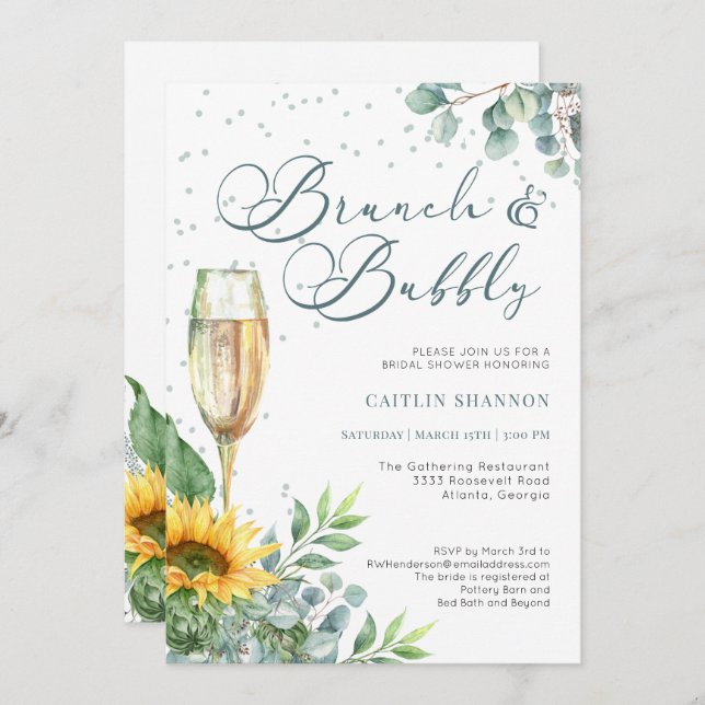Elegant Brunch and Bubbly Sunflower Bridal Shower Invitation (Front/Back)
