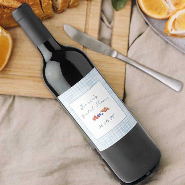 Elegant Brunch Bridal Shower Light Blue Gingham Wine Label (Creator Uploaded)