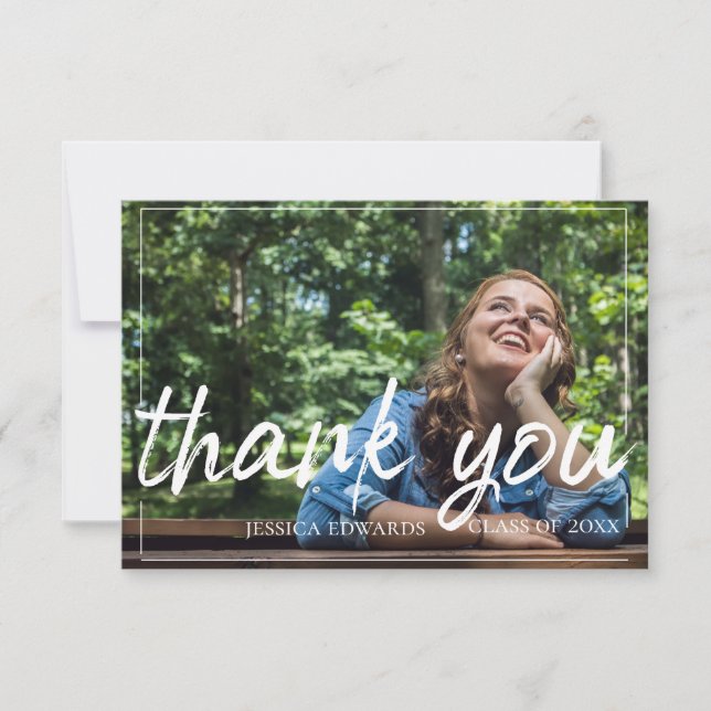 Elegant Brush Font Text Overlay Graduation Photo Thank You Card (Front)