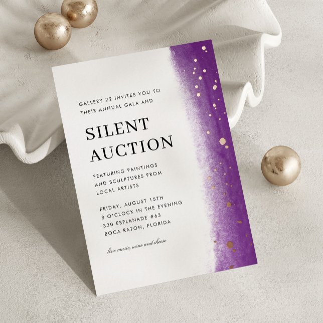 Elegant Brush Stroke Gala & Silent Auction Purple (purple elegant gala night and silent auction invitation)